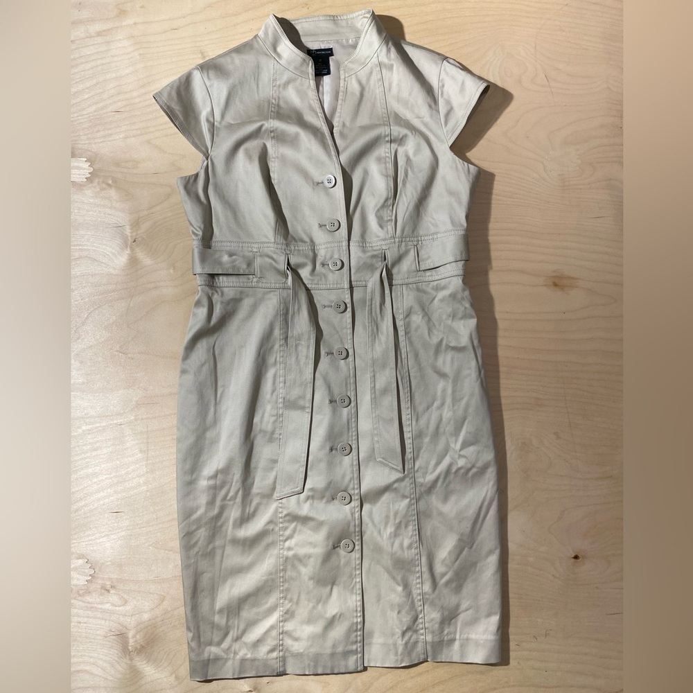 New Directions Tan Midi Dress with Mandarin Collar and Flutter Cap Sleeves 12 ND
